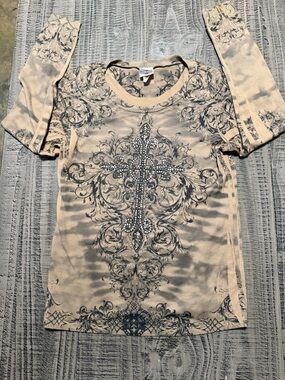 Rhinestone Cross Embellished Long Sleeve Top - Beige